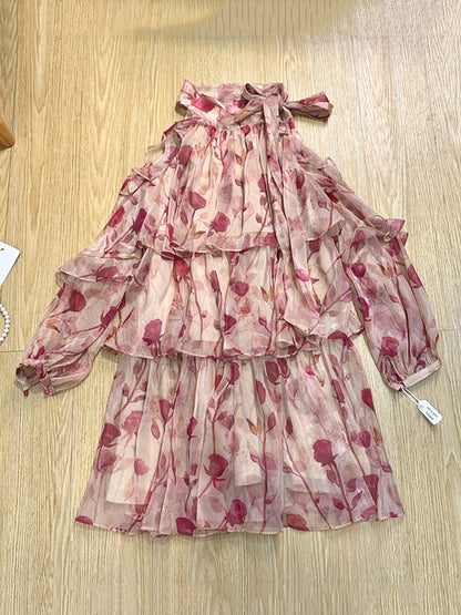xakxx Loose Puff Sleeves Floral Printed Lace-Up Tiered Cold Shoulder Mini Dresses
