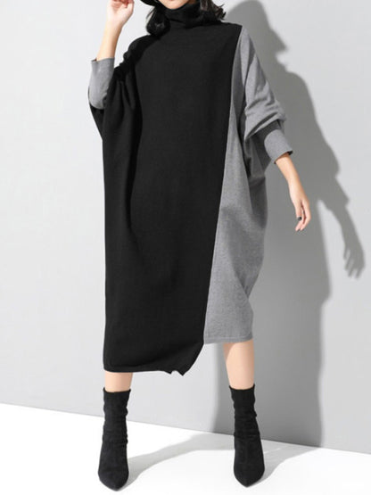 xakxx Casual Loose Split-Joint Contrast Color High-Neck Long Sleeves Dress