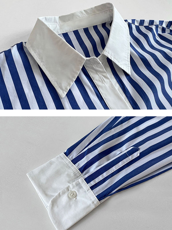 xakxx Simple Long Sleeves Contrast Color Striped Lapel Blouse Top