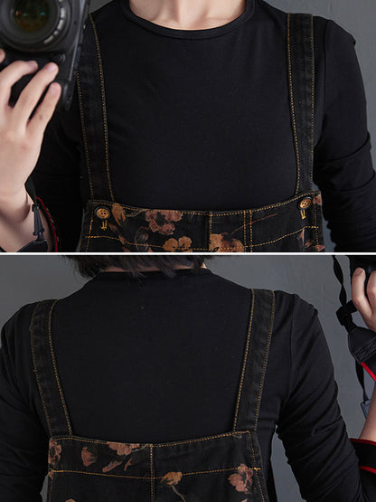xakxx Original Floral With Pocket Harem Denim Overalls