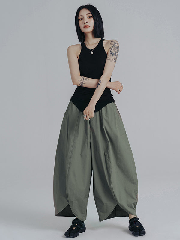 xakxx Simple Loose Elasticity Waist Wide Leg Solid Color Pants