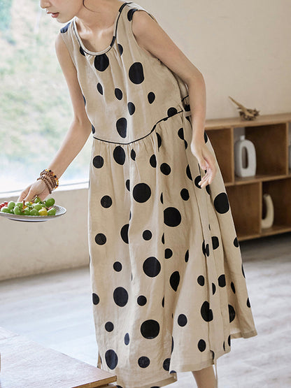 xakxx Loose Sleeveless Contrast Color Pleated Polka-Dot Split-Joint Tied Waist Round-Neck Midi Dresses