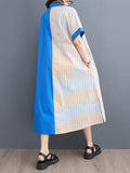 xakxx Loose Short Sleeves Asymmetric Split-Joint Striped Lapel Midi Dresses Shirt Dress