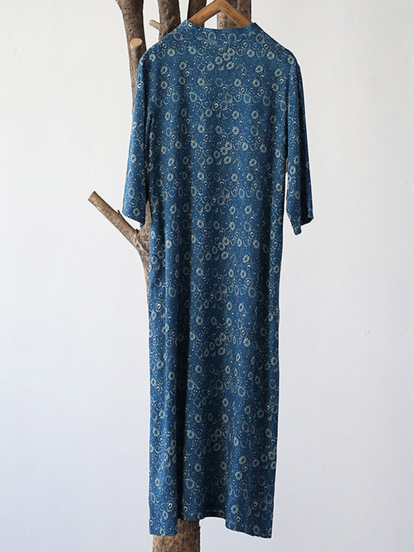 xakxx Original Solid Floral Stand Collar Midi Dress