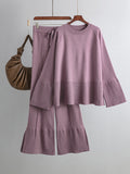 xakxx Casual Long Sleeves Loose Solid Color Round-Neck Sweater Tops & Wide Leg Pants Two Pieces Set