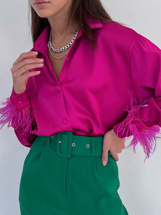 xakxx Loose Wrap Feathers Solid Color Split-Joint Lapel Collar Blouses&Shirts Tops