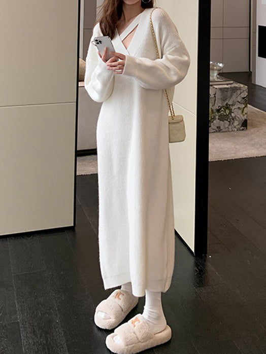 xakxx Urban Loose Long Sleeves Solid Color V-Neck Sweater Dresses