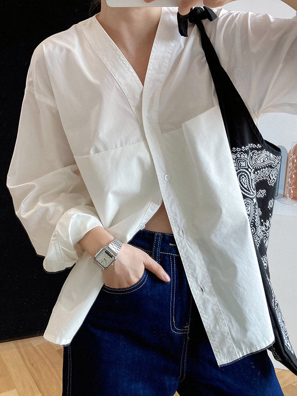 xakxx Loose Simple V-Neck Pocket Blouses