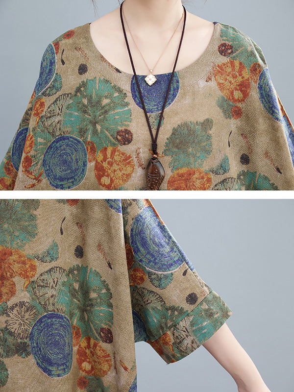 xakxx Casual Half Sleeves Loose Floral Printed Contrast Color Polka-Dot Round-Neck Midi Dresses