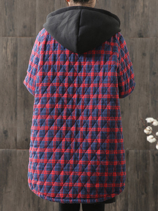 xakxx Vintage Loose Plaid Quilted Hooded Padded Coat