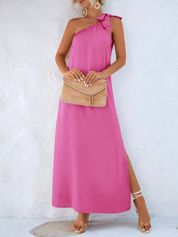 xakxx Loose Sleeveless Solid Color One-Shoulder Maxi Dresses
