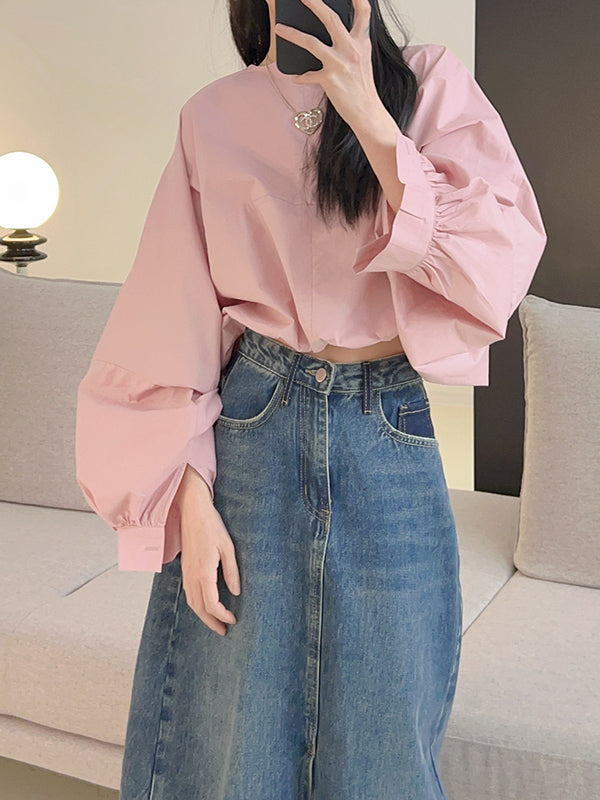 xakxx Batwing Sleeves Loose Elasticity Solid Color Round-Neck Blouses&Shirts Tops