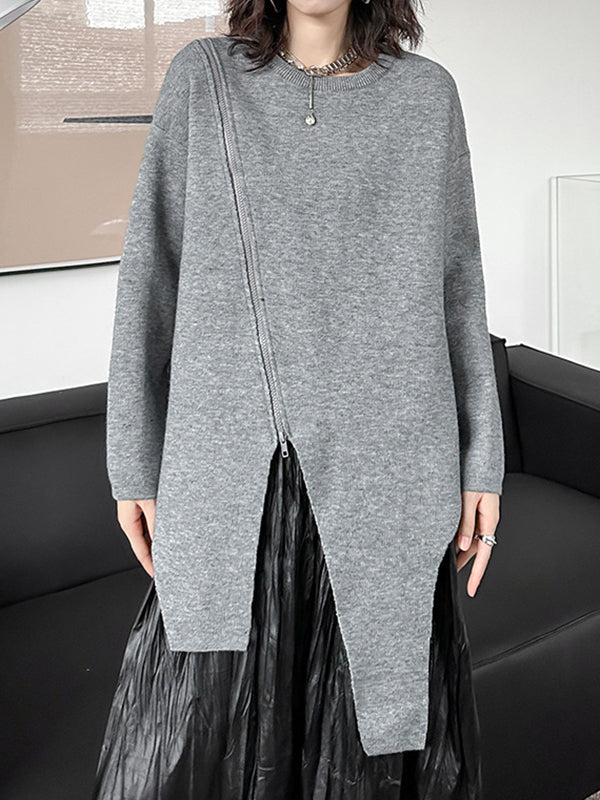 xakxx High-Low Long Sleeves Asymmetric Solid Color Zipper Round-Neck Pullovers Sweater Tops