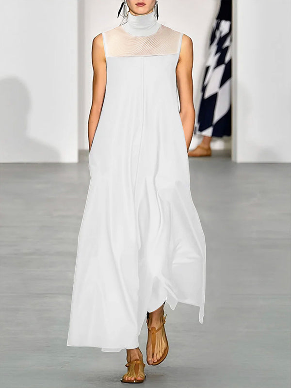 xakxx Loose Sleeveless See-Through Solid Color Split-Joint High-Neck Maxi Dresses