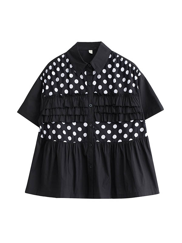 xakxx Loose Short Sleeves Contrast Color Pleated Polka-Dot Split-Joint Lapel Blouses