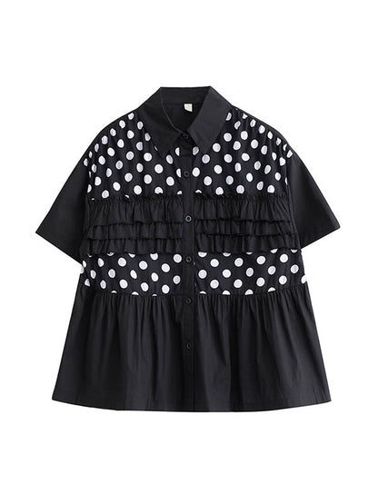 xakxx Loose Short Sleeves Contrast Color Pleated Polka-Dot Split-Joint Lapel Blouses