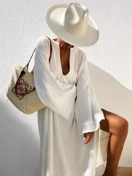 xakxx Vacation Flared Sleeves Solid Color Deep V-Neck Midi Dresses