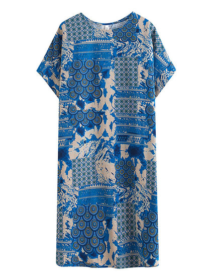 xakxx Original Loose Short Sleeves Contrast Color Printed Round-Neck Midi Dresses