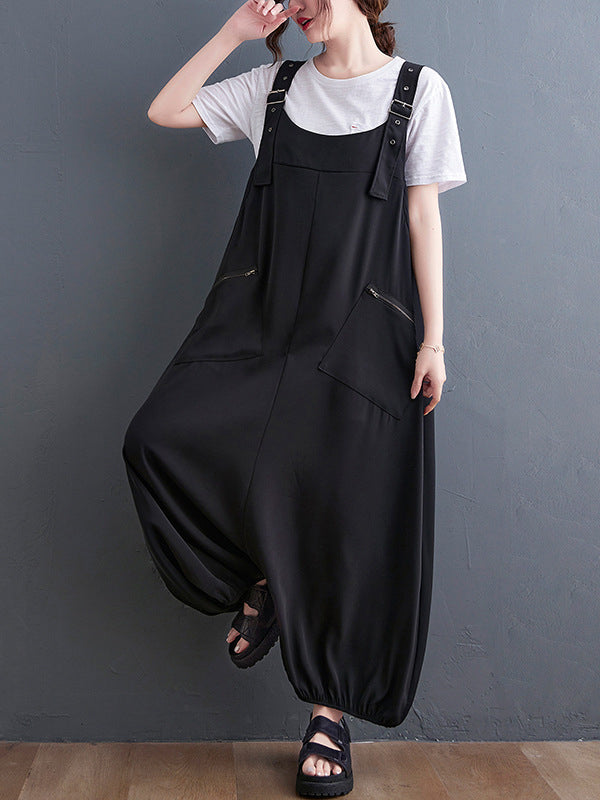 xakxx Loose Oversize Solid Color Zipper Jumpsuits Bottoms