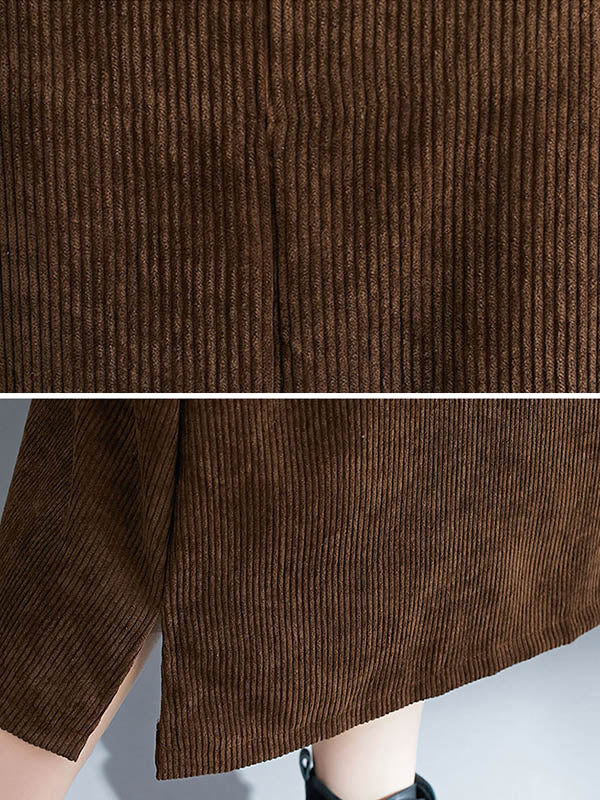 xakxx Corduroy Sleeveless Split-Joint Round-Neck Midi Dress