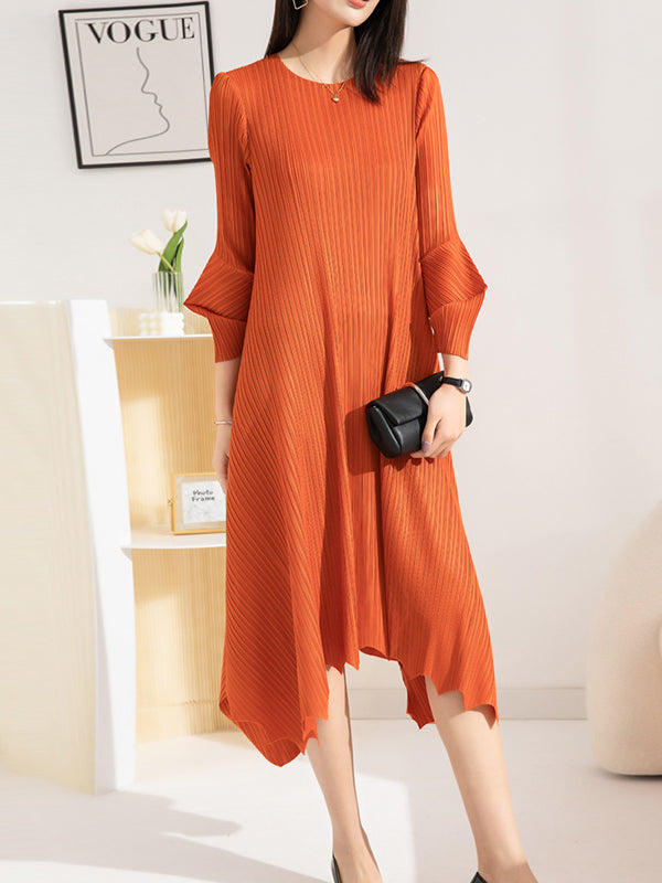 xakxx Irregular Clipping Loose Pleated Solid Color Round-Neck Midi Dresses