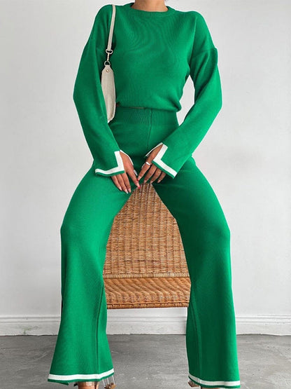 xakxx xakxx-Urban Loose Contrast Color Long Sleeves Round-Neck Sweater Tops & Pants Suits