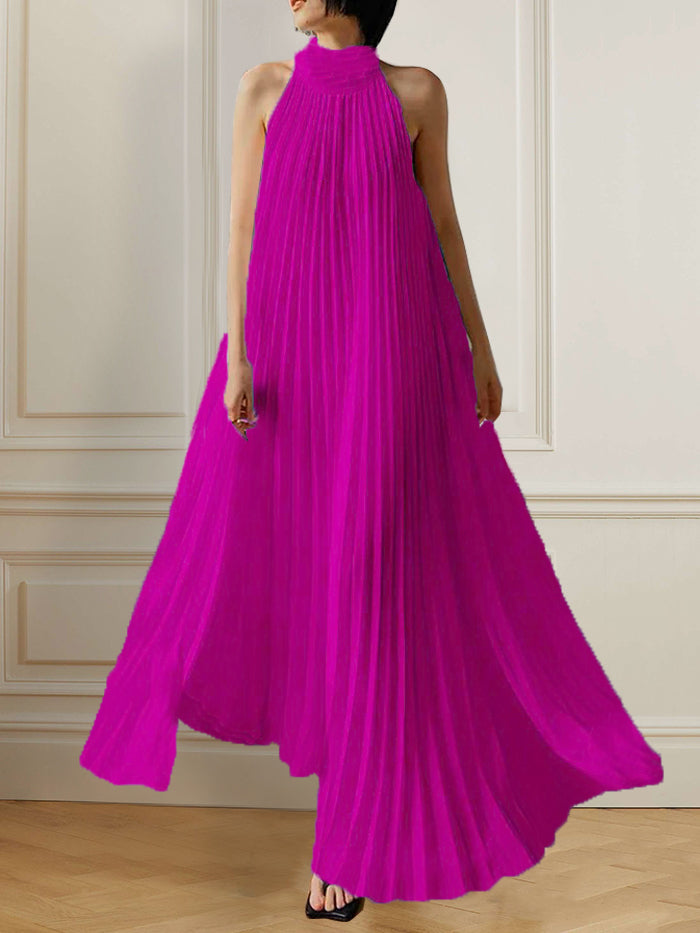 xakxx A-Line Sleeveless Pleated Solid Color Halter-Neck Maxi Dresses