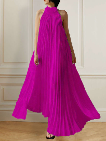 xakxx A-Line Sleeveless Pleated Solid Color Halter-Neck Maxi Dresses
