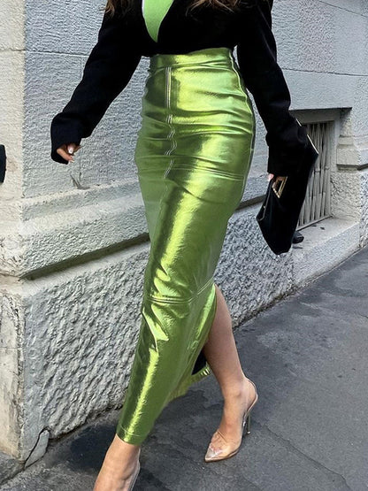 xakxx High Waisted H-Line Solid Color Split-Joint Skirts
