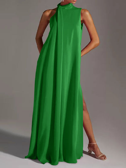 xakxx Sleeveless Solid Color Split-Side Round-Neck Maxi Dresses