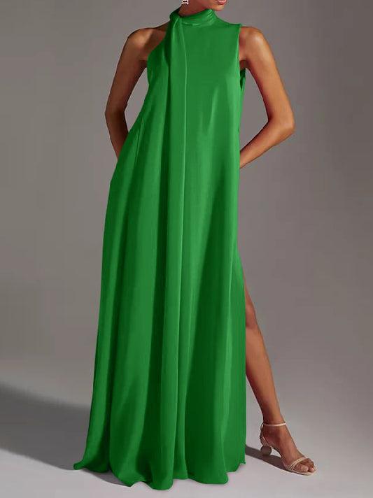 xakxx Sleeveless Solid Color Split-Side Round-Neck Maxi Dresses