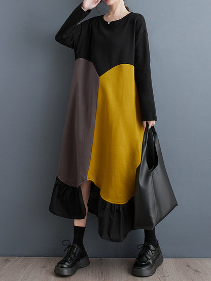 xakxx A-Line Long Sleeves Contrast Color Pleated Split-Front Split-Joint Round-Neck Midi Dresses