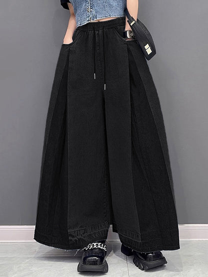 xakxx Loose Wide Leg Contrast Color Drawstring Fringed Pockets Jean Pants Bottoms