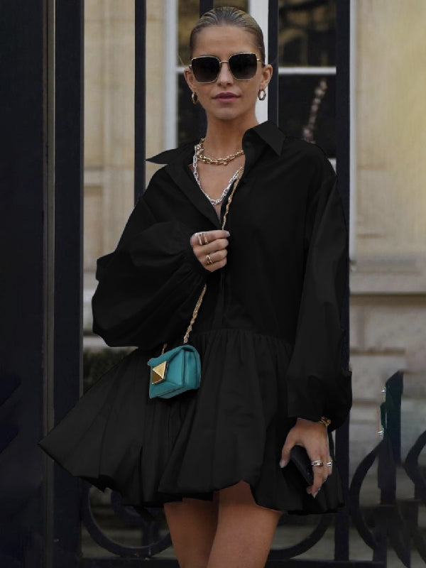 xakxx Urban Puff Sleeves Buttoned Split-Joint Solid Color Lapel Mini Dresses Shirt Dress
