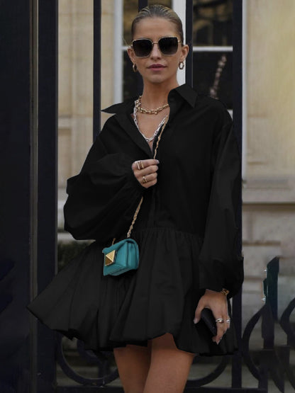 xakxx Urban Puff Sleeves Buttoned Split-Joint Solid Color Lapel Mini Dresses Shirt Dress