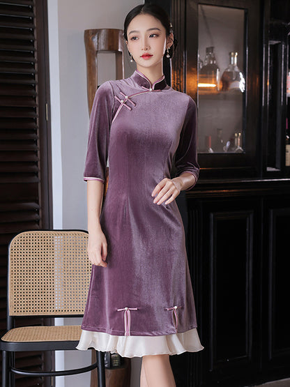 xakxx Vintage Beaded False Two Half Sleeves Long Cheongsams