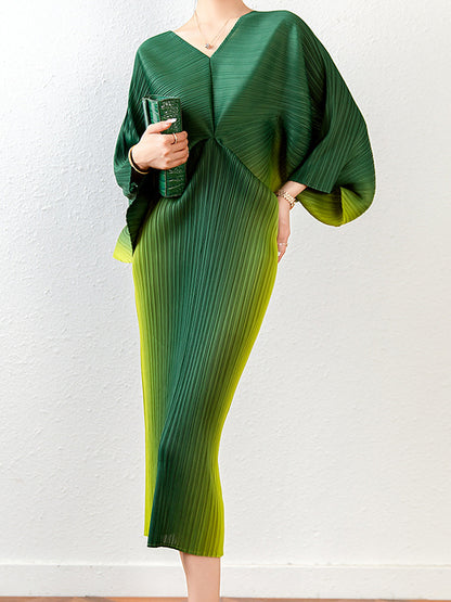 xakxx Fashion Loose Batwing Sleeves Gradient Pleated Midi Dress