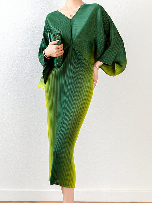 xakxx Fashion Loose Batwing Sleeves Gradient Pleated Midi Dress