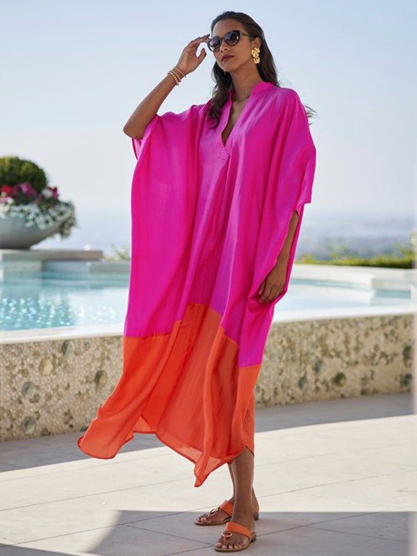 xakxx Beach Loose Contrast Color Split-Joint V-Neck Maxi Dresses