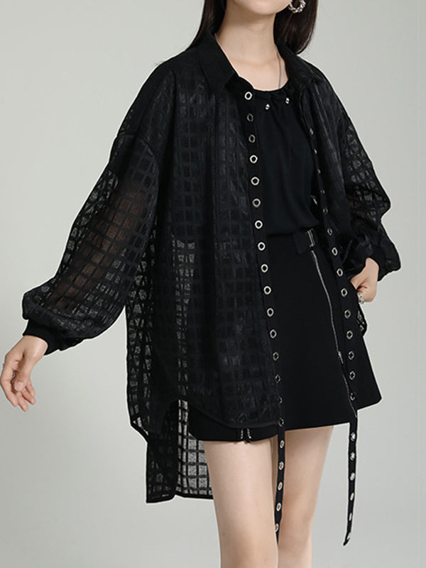 xakxx High-Low Long Sleeves Gauze See-Through Round-Neck Blouses&Shirts Tops