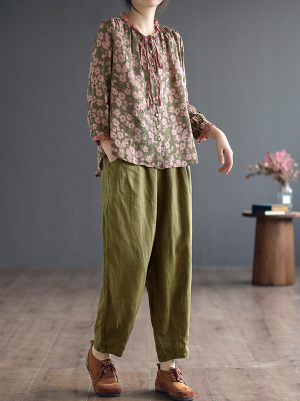 xakxx Long Sleeves Loose Floral Printed Lace-Up Round-Neck Blouses&Shirts Tops