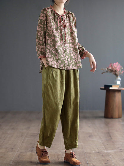 xakxx Long Sleeves Loose Floral Printed Lace-Up Round-Neck Blouses&Shirts Tops