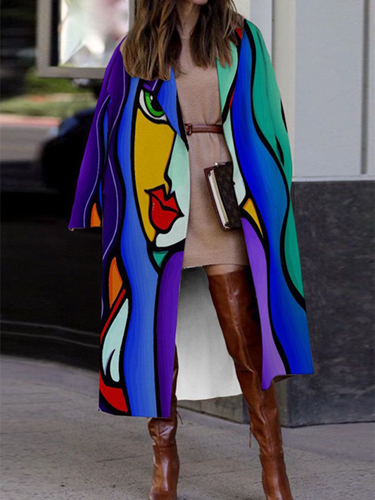 xakxx Long Sleeves Loose Contrast Color Figure Notched Collar Outerwear Woolen Coat