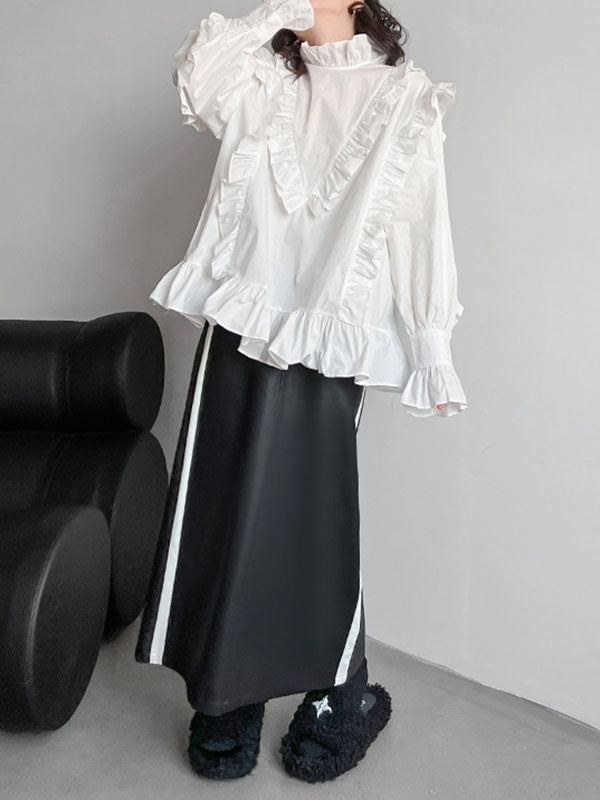 xakxx Long Sleeves Loose Buttoned Ruffled Solid Color Stand Collar Blouses&Shirts Tops