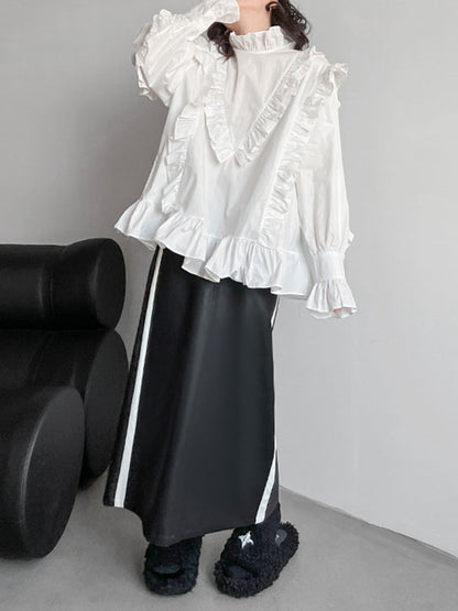 xakxx Long Sleeves Loose Buttoned Ruffled Solid Color Stand Collar Blouses&Shirts Tops