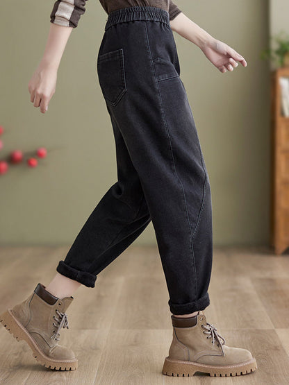 xakxx Casual Loose Velvet Solid Color With Pockets Harem Jean Pants Bottoms