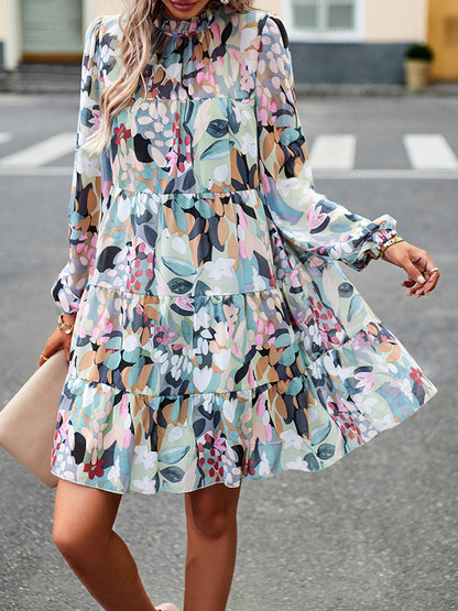 xakxx A-Line High Waisted Printed Split-Joint Tied Mock Neck Mini Dresses