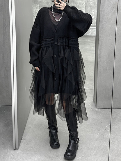 xakxx Long Sleeves Loose Buttoned Pleated Solid Color Split-Joint Tulle Velvet V-Neck Cardigan Tops