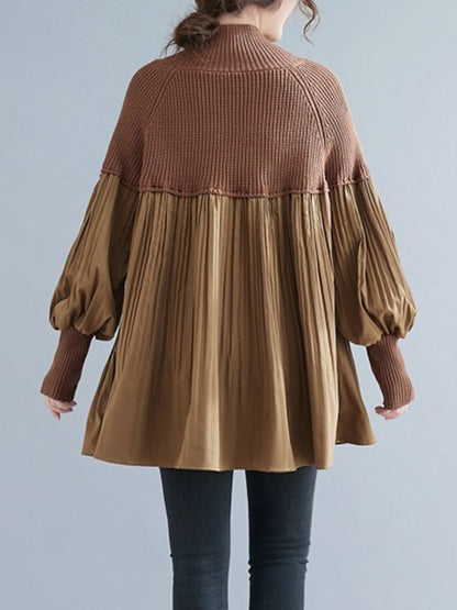 xakxx Long Sleeves Loose Pleated Split-Joint High Neck Sweater Tops