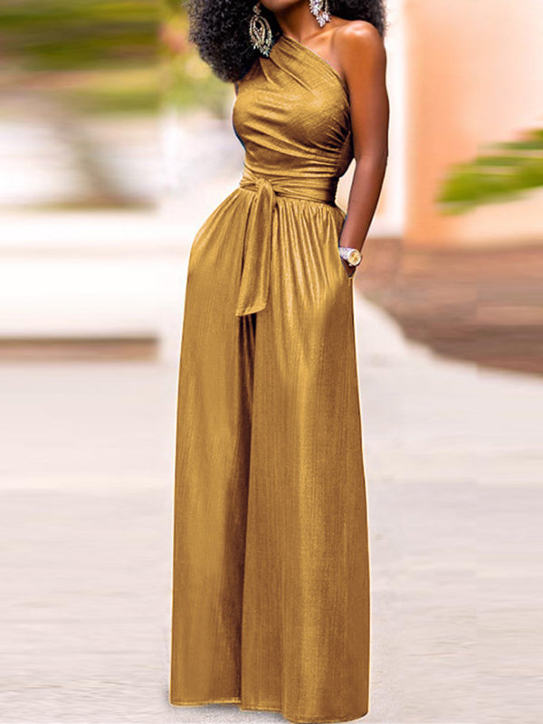 xakxx High Waisted Wide Leg Solid Color One-Shoulder Jumpsuits